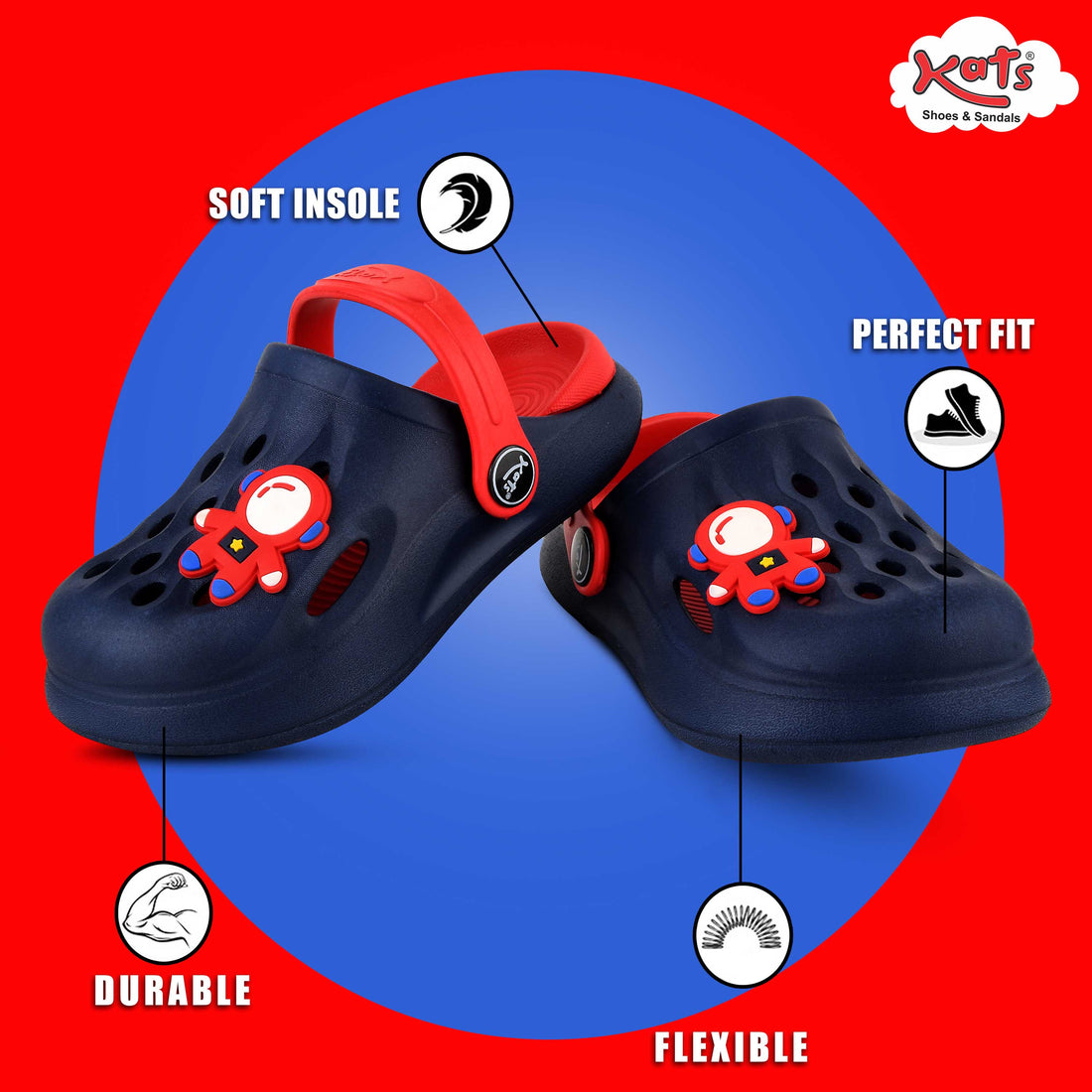 Slingback Clog for Boys & Girls | Indoor & Outdoor Clogs for Kids with Cartoon Charm Navy-Red