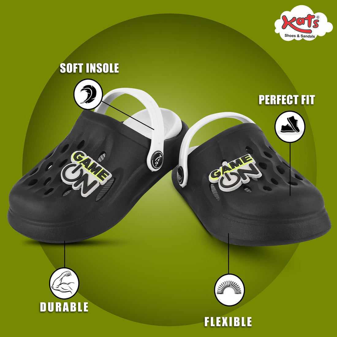 Slingback Clog for Boys & Girls | Indoor & Outdoor Clogs for Kids with Cartoon Charm Black-Grey