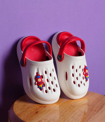 Slingback Clog for Boys & Girls | Indoor & Outdoor Clogs for Kids with Cartoon Charm White-Red