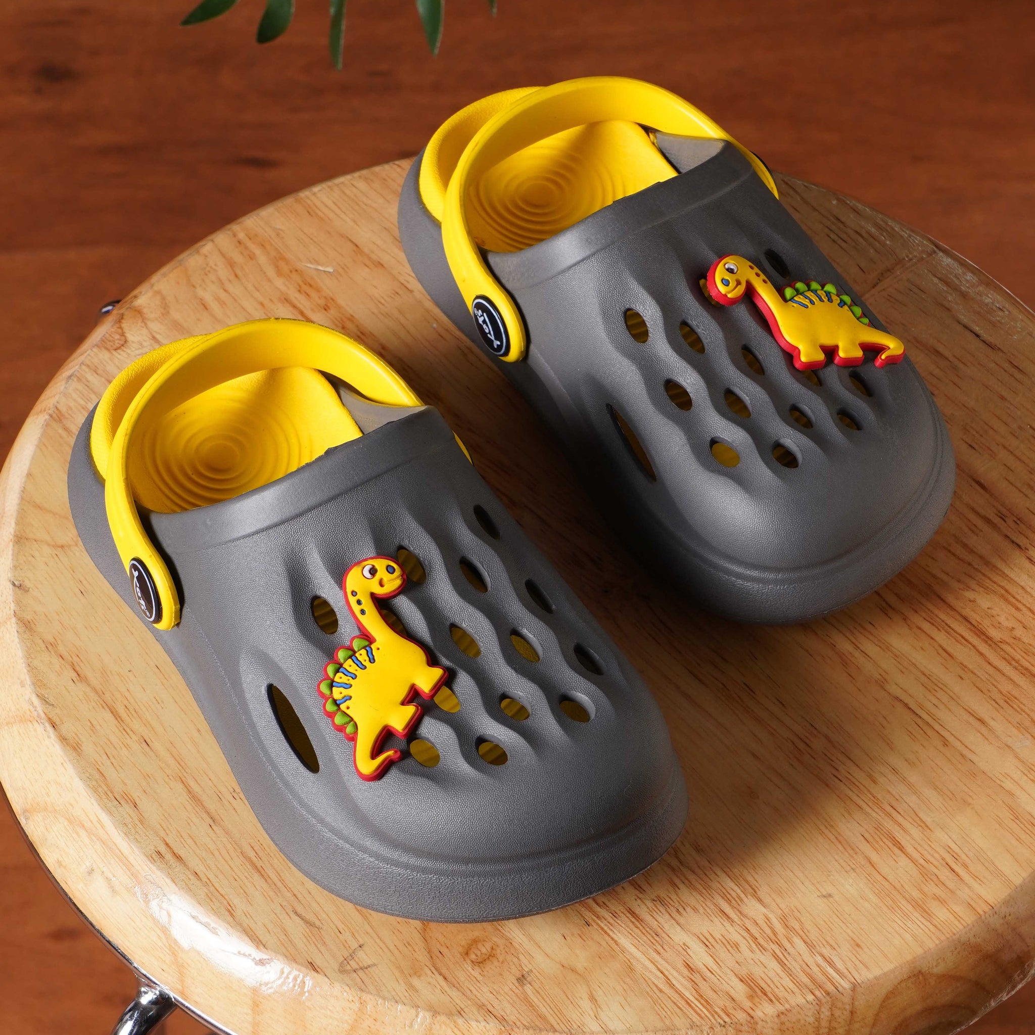 Slingback Clog for Boys & Girls | Indoor & Outdoor Clogs for Kids with Cartoon Charm Grey-Yellow
